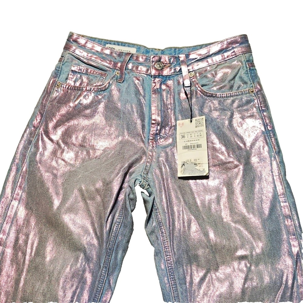 Zara Women's Straight Jeans Metallic Coated Pink Cotton Denim 5-Pocket Size 4